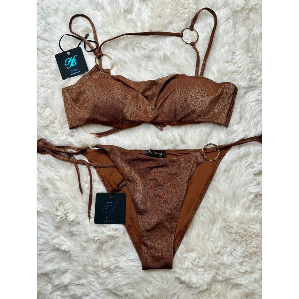 Honey Birdette SARIA🤎 Brown Gold Chocolate Shimmer Swim Set XL Top & L Bottom - Picture 2 of 7